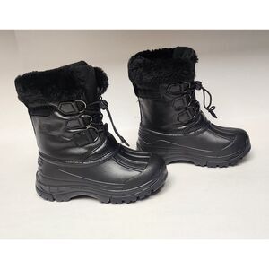 Toddler Kid's Lace Up Elastic Black Faux Fur Snow Boots Size 30/12.5